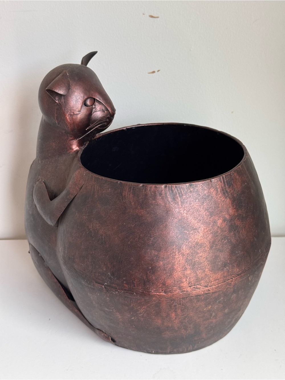 Unique Copper Tone Metal Figural Cat Kitty Sculpture Decorative Pot Planter